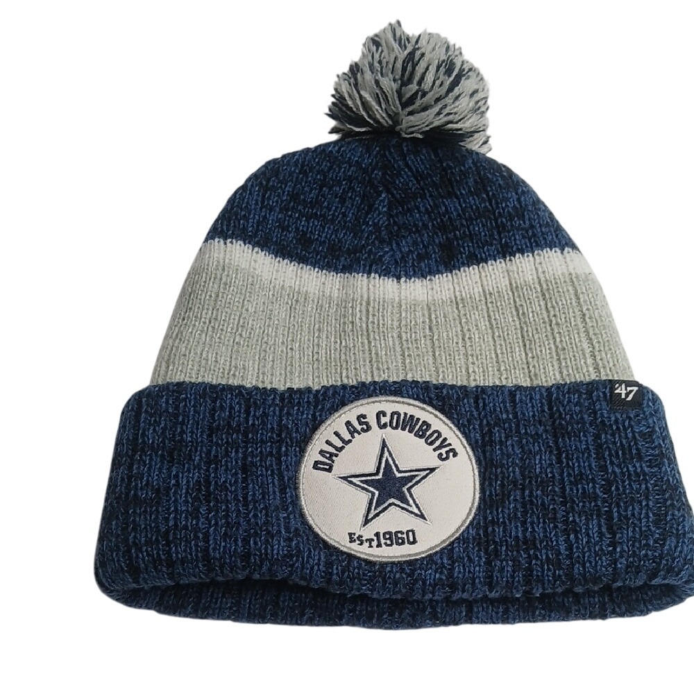 '47 Brand Dallas‎ Cowboys Beanie Mens OSFA Navy Grey Striped Pom Knit Hat
